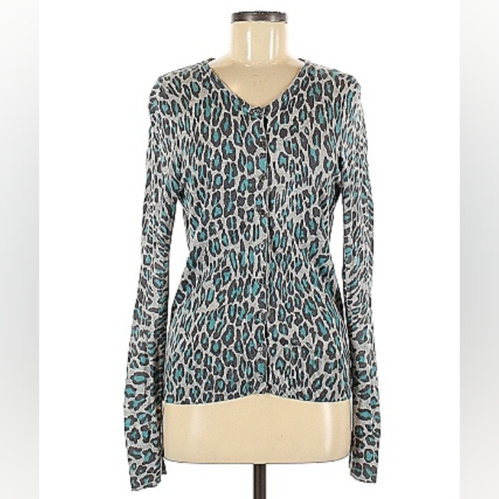 VTG Lucky Brand Long Sleeve Animal Print Cardigan Gray and Blue Size Medium